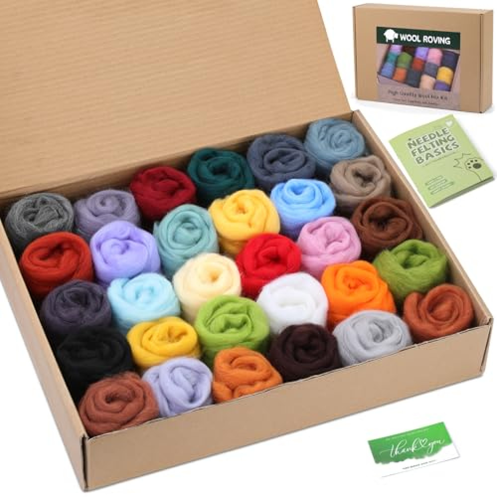 ZXIIXZ 30 Colors Felting Wool, Felting Wool Bulk, Wool Roving for Felted Animals Needle Felting Kit for Beginner with Thanks Card, Instructions for DIY Wet Felting Crafts