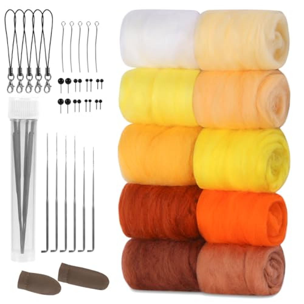 ZXIIXZ Felting Wool 100g, 10 Colors Needle Felting Wool Bulk with Felting Needles Supplies, Assorted Colors in Yellow Series for Handmade Craft