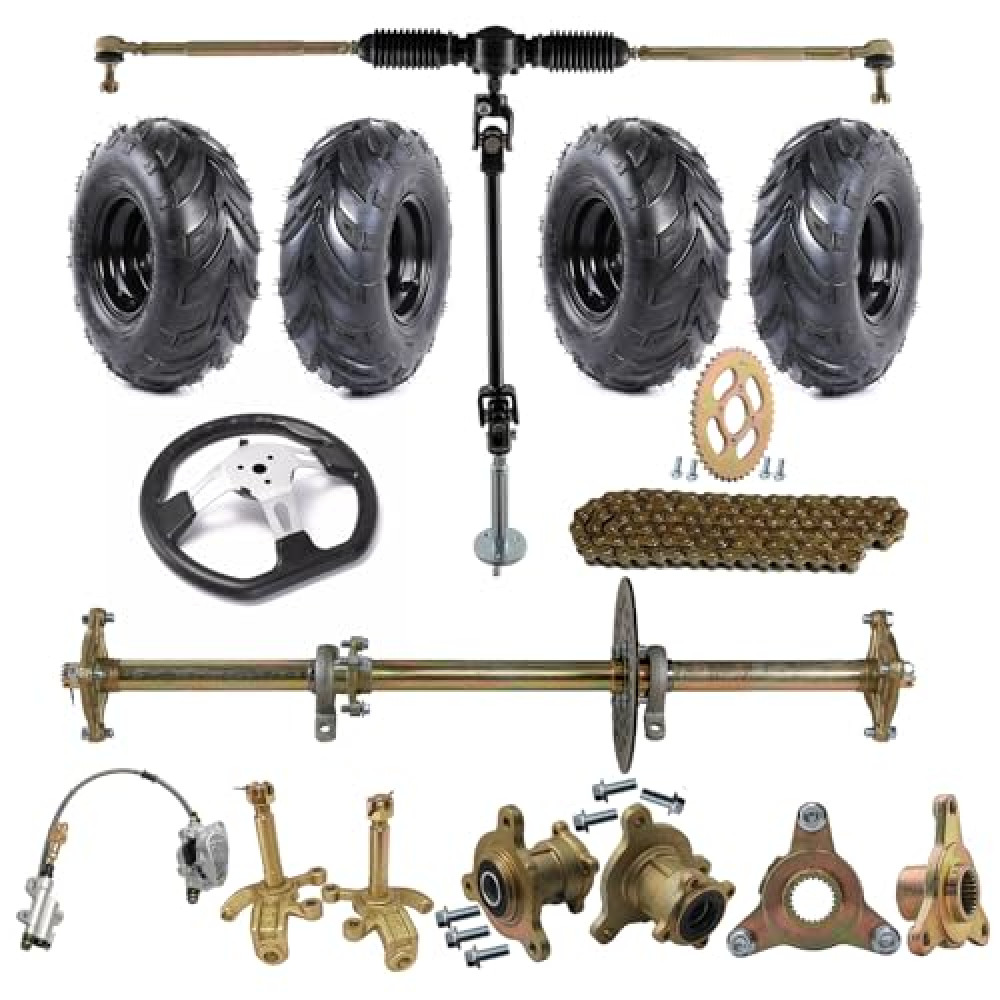ZXTDR Universal 4 Pack 145/70-6'' Wheel Tires Rim +32" Rear Live Axle Kit with Chain Sprocket, Brake Disc, Pillow Blocks and Brake Caliper for Go-Kart Mini Bike ATV Lawn Trike and Golf Carts