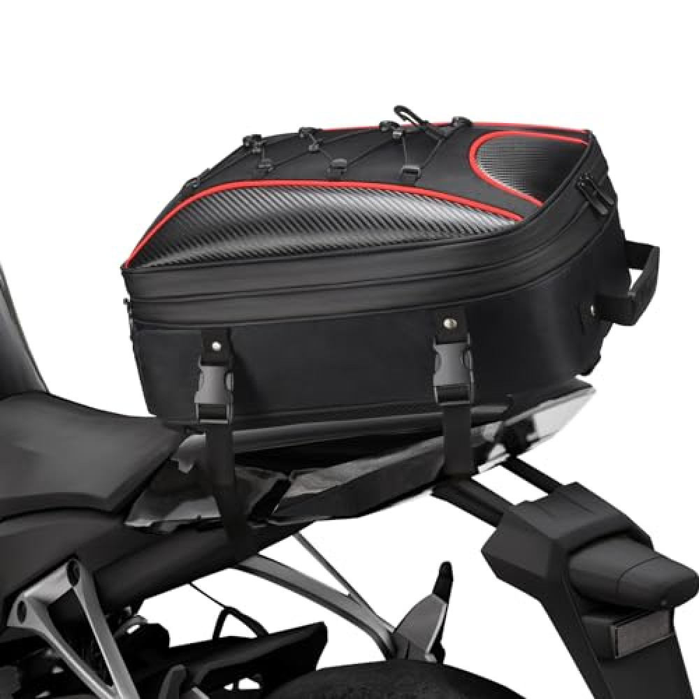 ZZM Motorcycle Tail Bag, 22L-34L Expandable Motorcycle Rear Seat Luggage Bags with Rain Cover, Dual Use Motorcycle Helmet Bags Backpack Storage for Motorbike Weekender Travel, Black